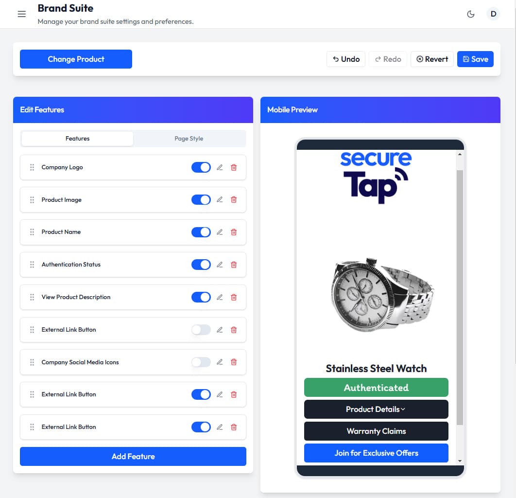 SecureTap Brand Suite Interface
